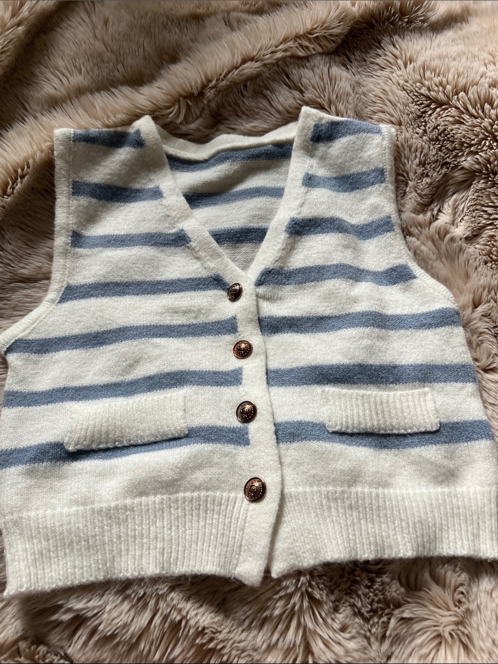 Cream and Light Blue Striped Button Front Cardigan Sweater Sleeveless